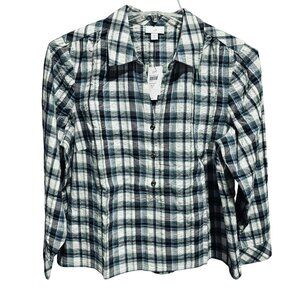 J. Jill Plaid Textured Elliptical V-Neck Popover Shirt XLP Trendy Preppy NEW
